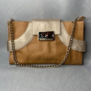 Elaine Turner Leather Clutch Purse in Tan with Metallic Gold Accents